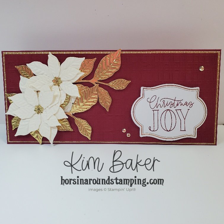 slimline Christmas card with vanilla poinsettias and gold leaves